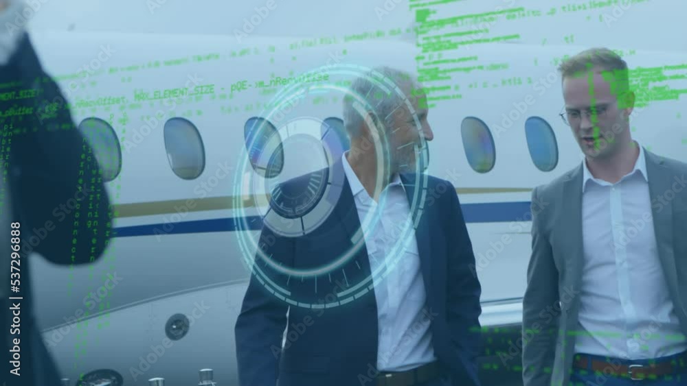 Poster animation of data processing and round scanner over two caucasian businessmen discussing at airport