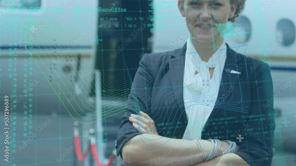 Poster animation of data processing over portrait of caucasian air hostess smiling at an airport