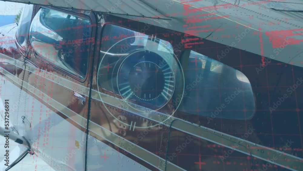 Poster animation of data processing and round scanner against plane parked at an airport