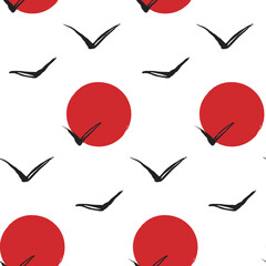 Seamless pattern with black silhouettes of birds on a red sun background. Drawing in ink otruki. Abstract ornament in a simple style.