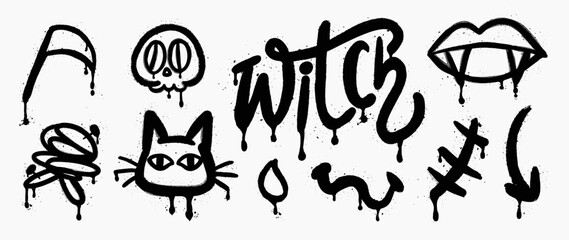 Set of graffiti spray pattern. Collection of halloween symbols, dracula teeth, skull, cat with spray texture. Elements on white background for sticker, banner, decoration, street art, halloween