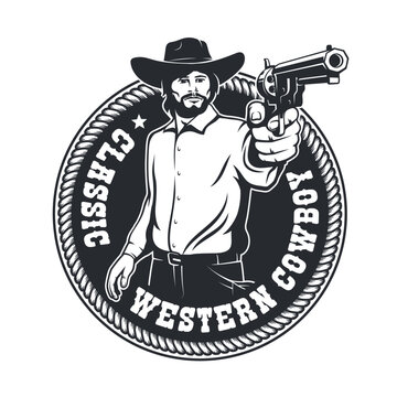 Cowboy aiming a gun - retro western badge. Wild west vintage logo with bandit