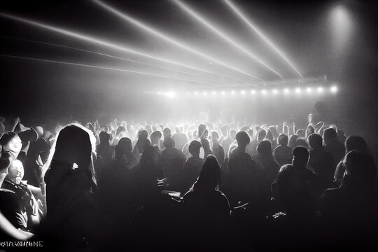 Concert crowd with lights and people silhouettes. Black and white. 3d render.