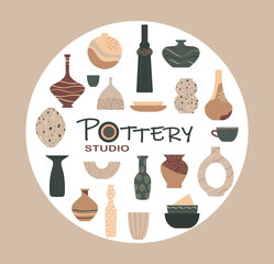 Pottery studio. Large set with vases and pots of various shapes. Vector illustration
