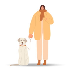 Smiling woman with dog. Girl wearing warm comfortable fashionable casual clothes and scarf walking with dog. Dog labrador sits nearby. Colored flat cartoon vector illustration isolated on white.