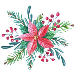 Christmas poinsettia. Watercolor bouquet with red flower,leaves,berries,pine,spruce,green twigs on white background. New Year floral composition for greeting card, design.