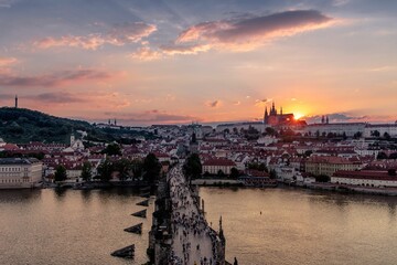Aerial shot of the Charles Bridge at sunset in Prague, Czech Republic