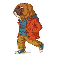 An Urban Guy, isolated vector illustration. A dressed pug person going somewhere. Animal art. A dog with a human body in a casual outfit on white background. Drawn animal sticker. A dog character.