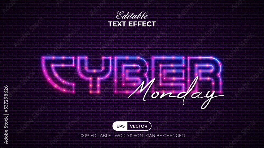 Aufkleber cyber monday text effect neon style. editable text effect.