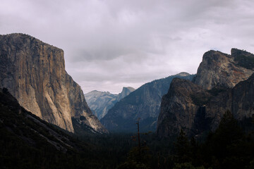 Yosemite valley. Stunning scenery of mountains and forests in Yosemite National park in a cloudy day, California