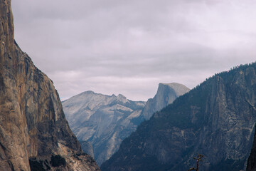 Yosemite valley. Stunning scenery of mountains and forests in Yosemite National park in a cloudy day, California