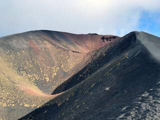 Mount Etna close-up. Sicilian famous active volcano. Active stratovolcano on the east coast of Sicily, Italy, in the Metropolitan City of Catania, between the cities of Messina and Catania.