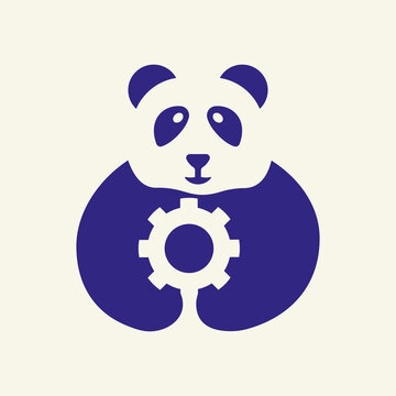 Panda Gear Logo Negative Space Concept Vector Template. Panda Holding Gear Symbol