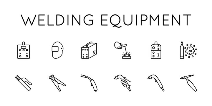 Welding equipment vector icons set. Holder, Helmet, Gas, Welding, Elktrod, Mass are presented.