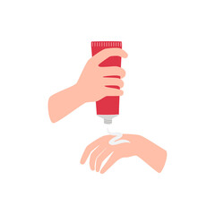 Woman hands apply cream from tube. Skincare. Poster for spa nail studio, posters, cards.