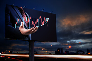 Businessman hand show business growth investment stock finance profit graph of marketing financial increase digital money trade chart advertise on billboard blank for outdoor advertising poster. - obrazy, fototapety, plakaty