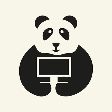 Panda Monitor Logo Negative Space Concept Vector Template. Panda Holding Monitor Symbol
