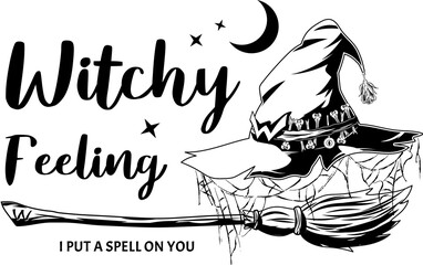 Monochrome emblem with witch hat with cobwebby veil, old fashioned broom, crescent, stars, text Image with none anti-aliasing, easy to recolor. POD, Print on Demand design