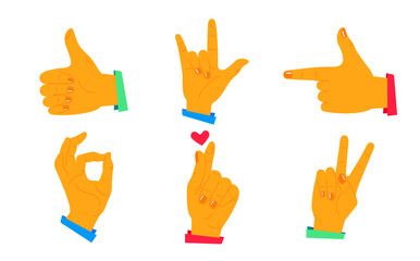 Communication with gestures - set of flat design style objects