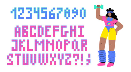 Latin alphabet of the 90s, 80s in retro style. The girl does aerobics and the letters are 8-bit. Retro font made of pixels