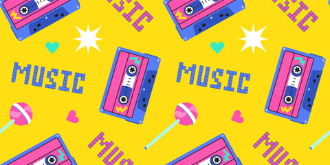 Seamless pattern of the 90s, 80s. Retro cassette, music, lollipop, sucking candy and pixels. 8 bit letters