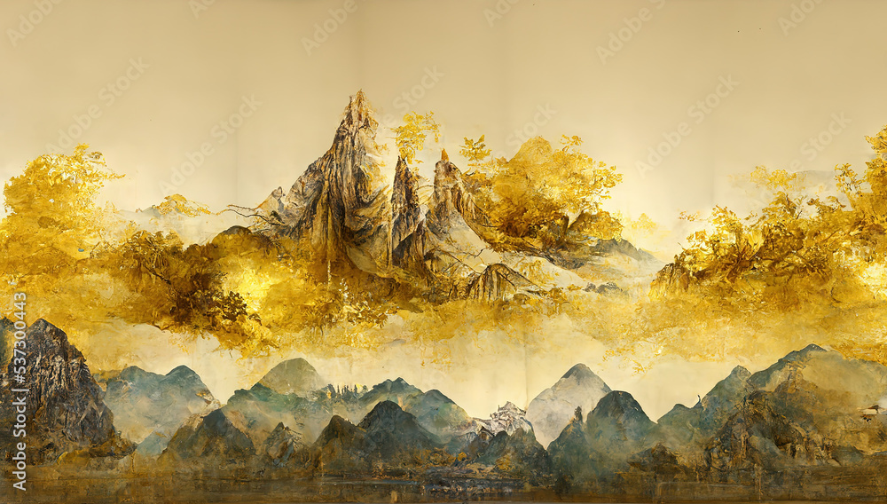 Canvas Prints Minimalistic mountain landscape with watercolor brush in Japanese traditional style. Wallpaper with abstract art for prints or covers. 3d artwork