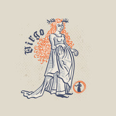 Virgin zodiac sign. Astrology illustration in medieval engraving style with gothic lettering.