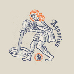 Water Bearer zodiac sign. Astrology illustration in medieval engraving style with gothic lettering.