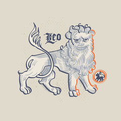 Lion zodiac sign. Astrology illustration in medieval engraving style with gothic lettering.
