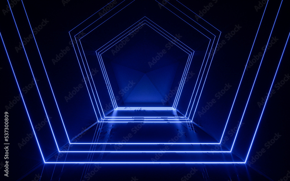 Poster dark tunnel with glowing neon lines, 3d rendering.