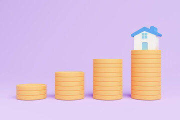 3D Property investment concept, Coins stack and houses on isolated purple background. Copy space for banner design Real estate investments are risky, hunting, profit, 3D rendering.