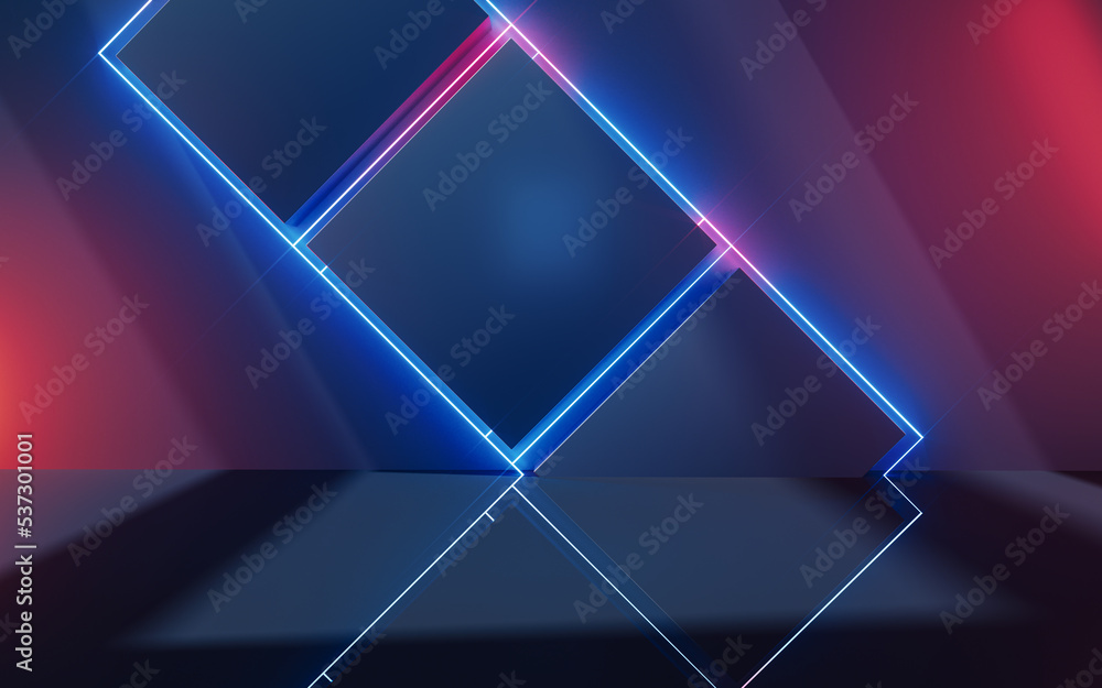 Poster abstract geometric structure with glowing neon lines, 3d rendering.