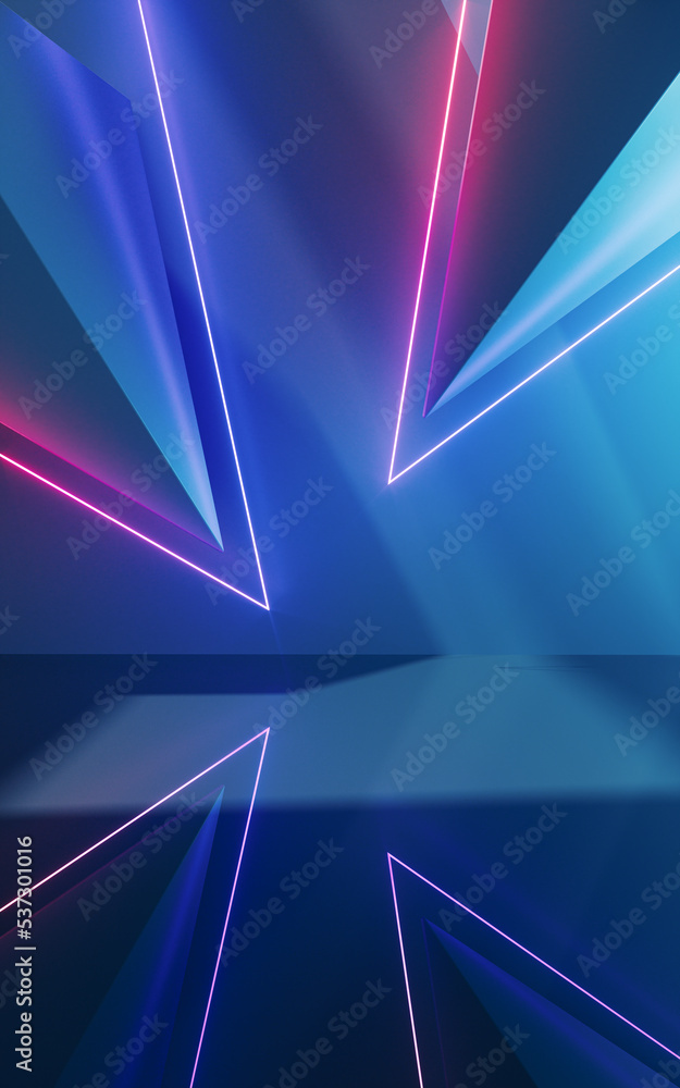 Poster abstract geometric structure with glowing neon lines, 3d rendering.