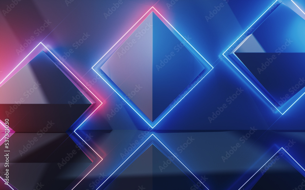 Poster abstract geometric structure with glowing neon lines, 3d rendering.