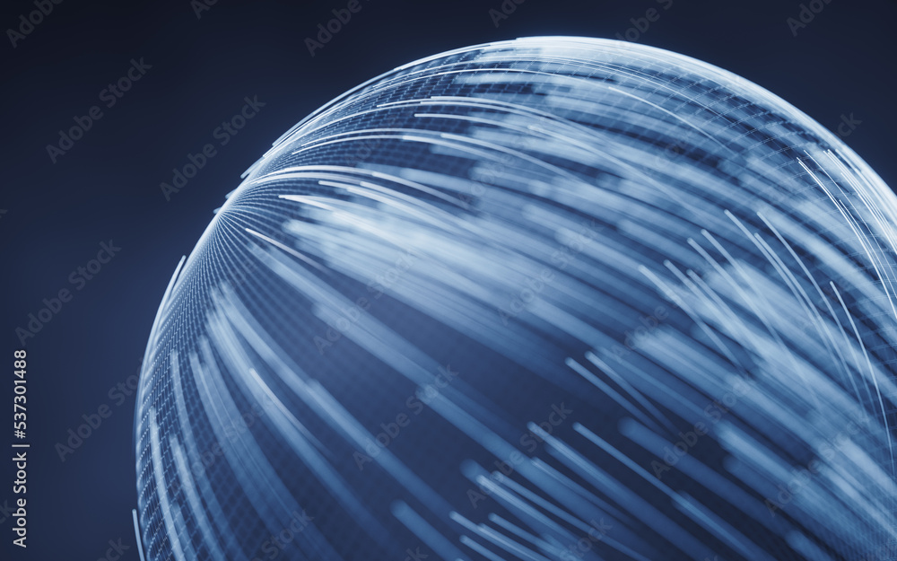 Poster digital sphere with glowing lines structure, 3d rendering.