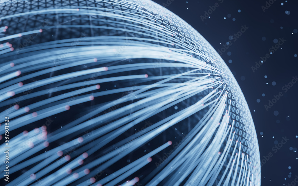 Poster digital sphere with glowing lines structure, 3d rendering.