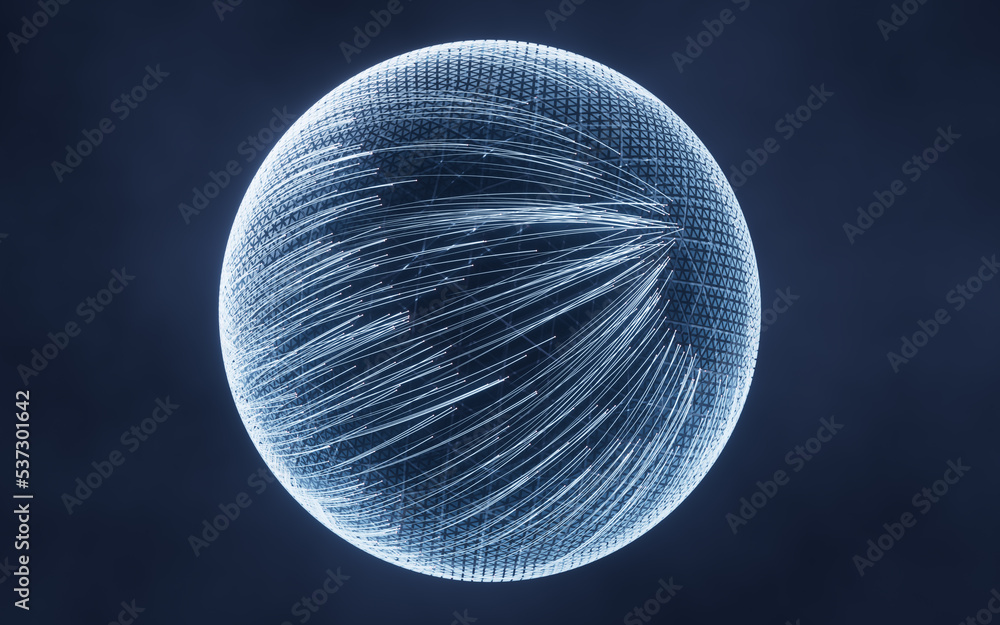 Poster digital sphere with glowing lines structure, 3d rendering.