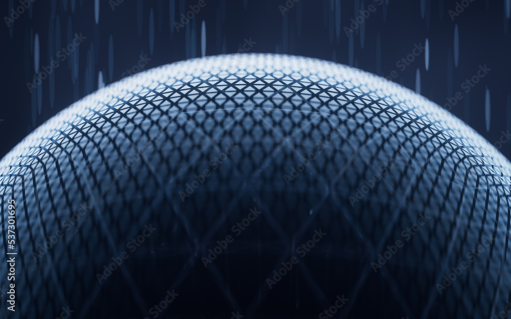 Poster digital sphere with glowing lines structure, 3d rendering.