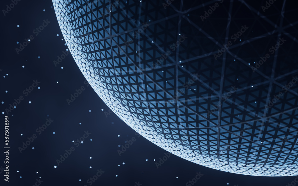 Poster digital sphere with glowing lines structure, 3d rendering.