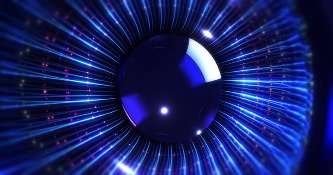 Abstract blue human eye iris explosion. Colorful optical lines forming iris. Futuristic technology concept 3d 4k animation.