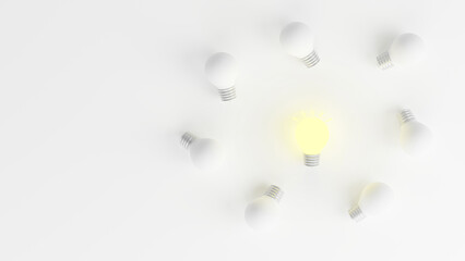 Light bulbs with glowing one different idea. Creativity and innovation ideas concept. Leadership, innovation, great idea and individuality concepts. 3d rendering