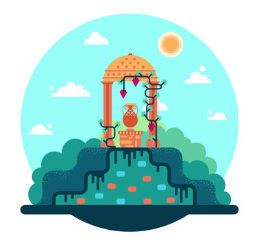 Columns of an ancient temple twined with grapes and an amphora. Vector illustration