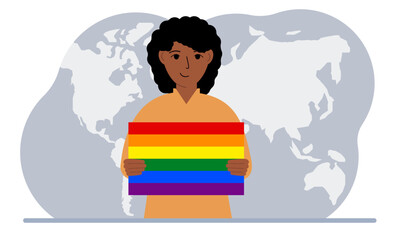 A woman holds an lgbt flag in his hands against the backdrop of a world map.