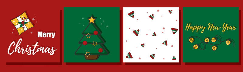 set of Christmas cards, Christmas, New Year, pattern, wallpaper, lights, light bulbs, gift, Santa, winter holidays, Christmas tree, illustration,