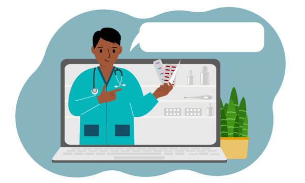 Online consultation or feedback concept. Laptop with a picture of a male pharmacist with medicines in his hand.