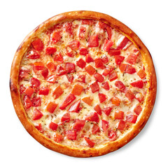 Top view of browned pizza with fresh tomatoes, mozzarella and italian herbs isolated on white