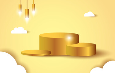 Podium golden color for placing products. paper cut and craft style. Version 2.