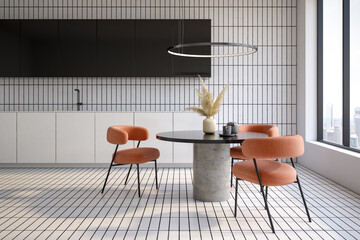 Minimalist Interior of kitchen dinning room 3D rendering