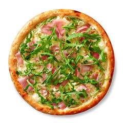 Pinoli pizza with cheese cream sauce, prosciutto, gorgonzola, pine nuts and arugula