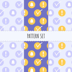 Pattern set. Seamless pattern with bell, exclamation point and check mark icon on purple background for banner, pattern background, wallpaper, wrapping paper, scrapbook, textile and other design.